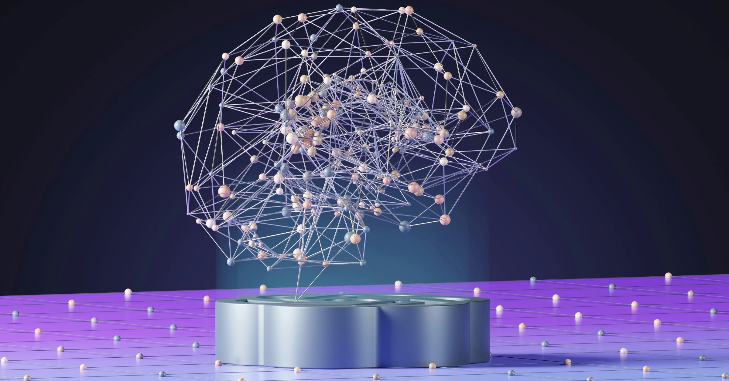 A digital illustration of a brain-shaped network made of interconnected nodes and lines, symbolising AI in advocacy, is suspended above a metallic platform on a purple tiled surface with scattered small spheres. The background is dark and gradient.