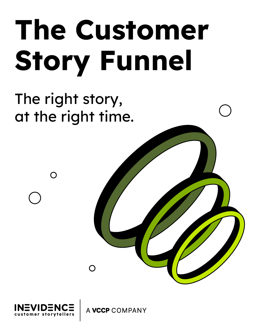 A graphic with three overlapping funnel rings and black text that reads, "The Customer Story Funnel. The right story, at the right time." INEVIDENCE and VCCP company logos appear at the bottom.