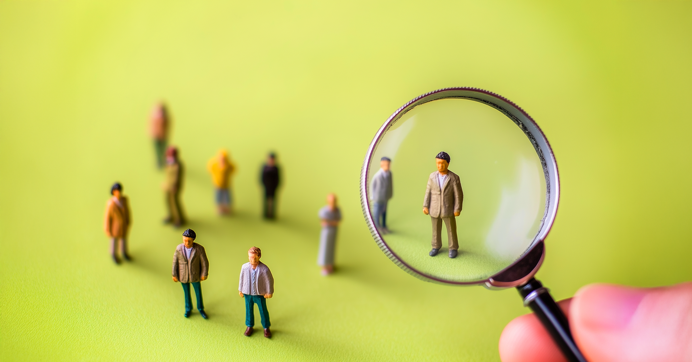 A magnifying glass focuses on one figurine among a group of miniature people standing on a green surface, symbolizing selection or scrutiny—perfect imagery for advocate marketing insights from the 2025 Global Survey.