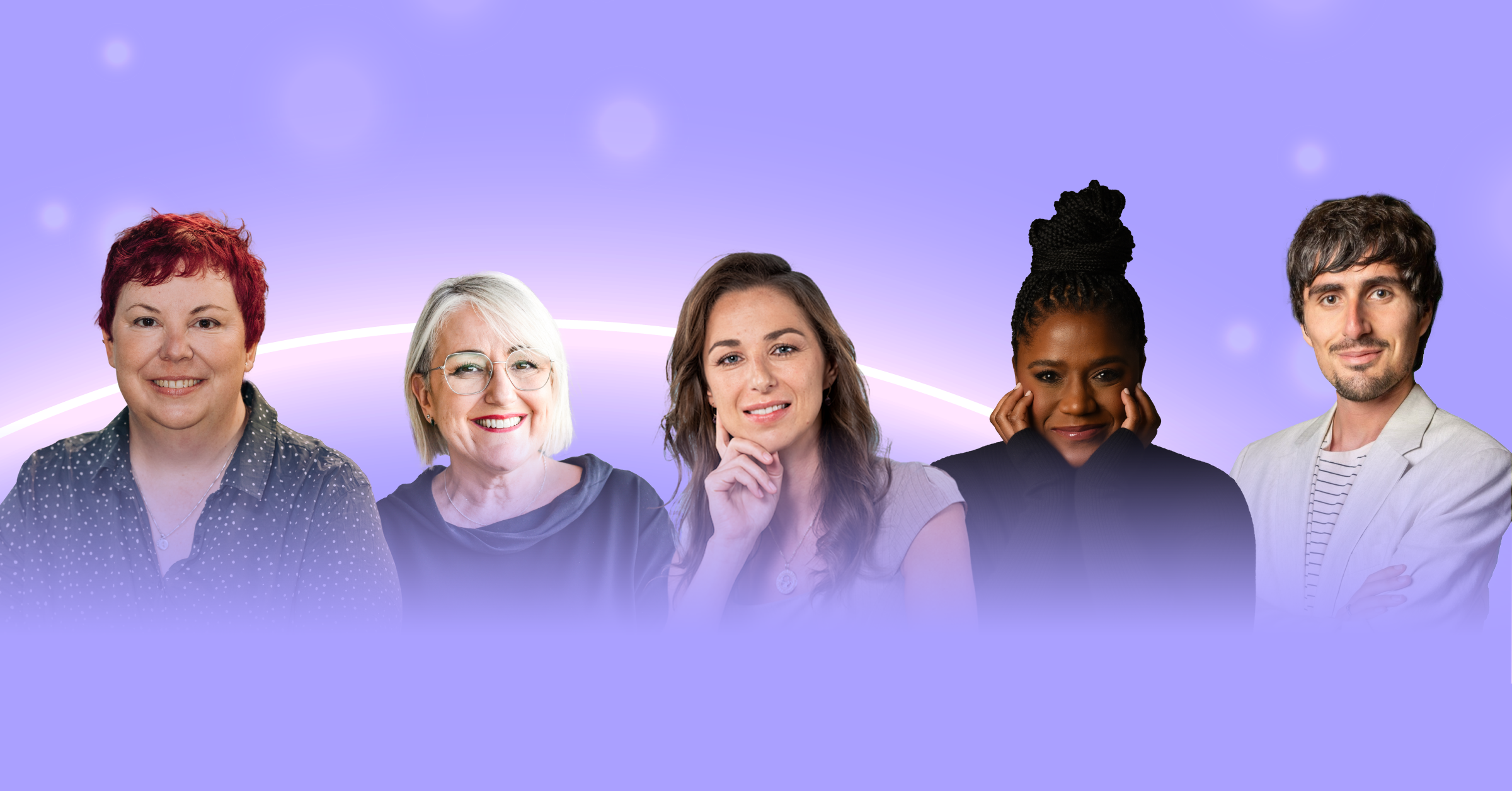 A diverse group of five people stand side by side, smiling or posing confidently, against a purple background with soft light and bokeh effects, as if judging an exciting Academy Awards ceremony.