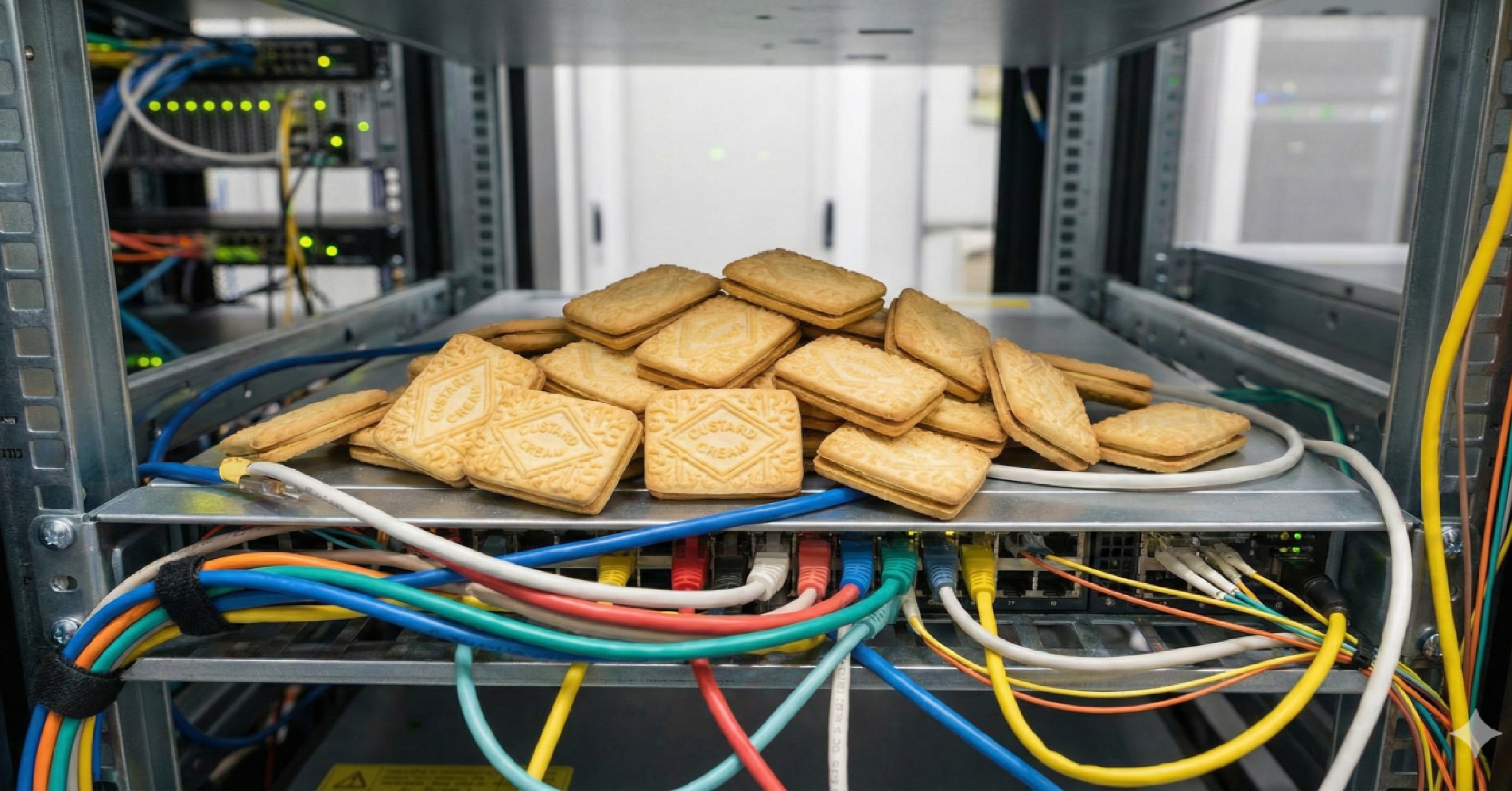 A stack of cream-filled custard creams is piled on a server rack shelf among colorful network cables and computer equipment, humorously simplifying enterprise tech in a data center.