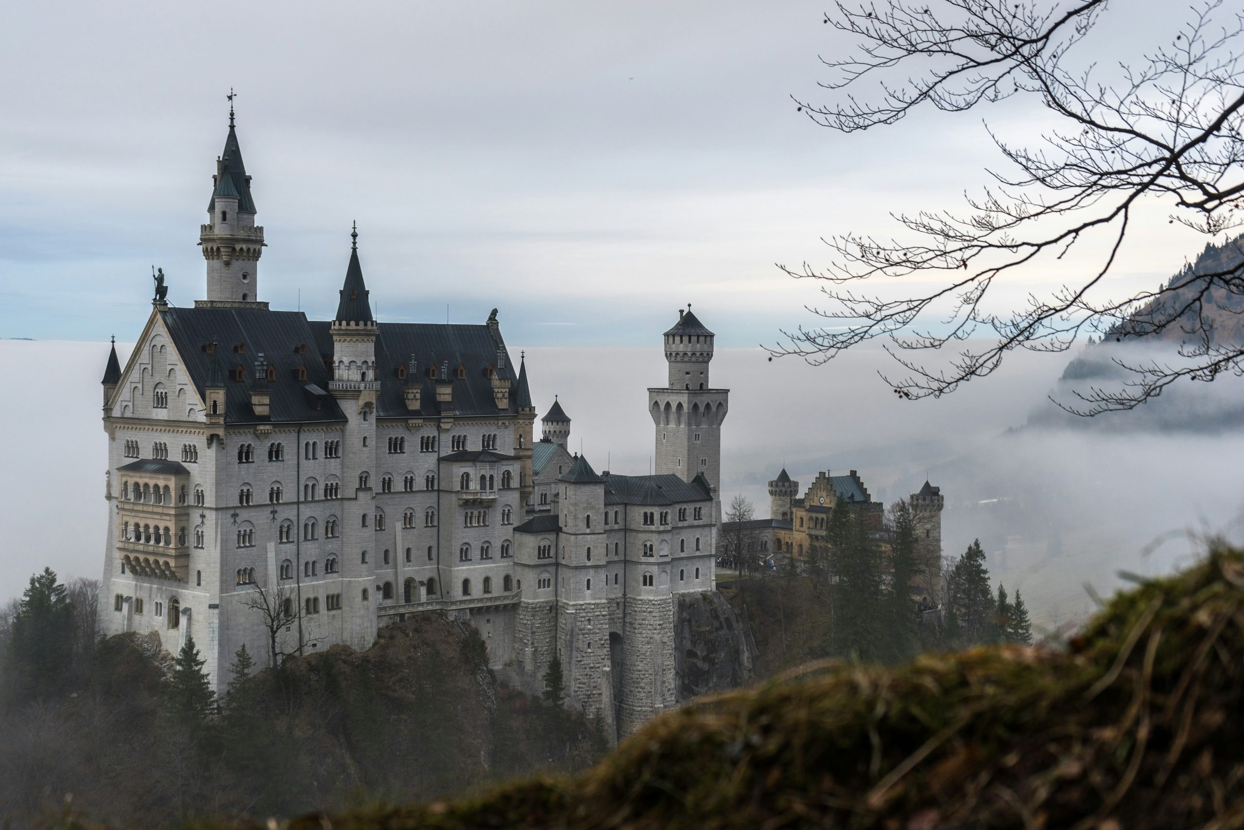A majestic castle perched on a cliff, surrounded by dense fog and bare tree branches. Its towers and ornate architecture stand tall against a cloudy sky, with a dramatic view of the distant landscape partially obscured by mist. A majestic castle perched on a cliff, surrounded by dense fog and bare tree branches. Its towers and ornate architecture stand tall against a cloudy sky, with a dramatic view of the distant landscape partially obscured by mist.
