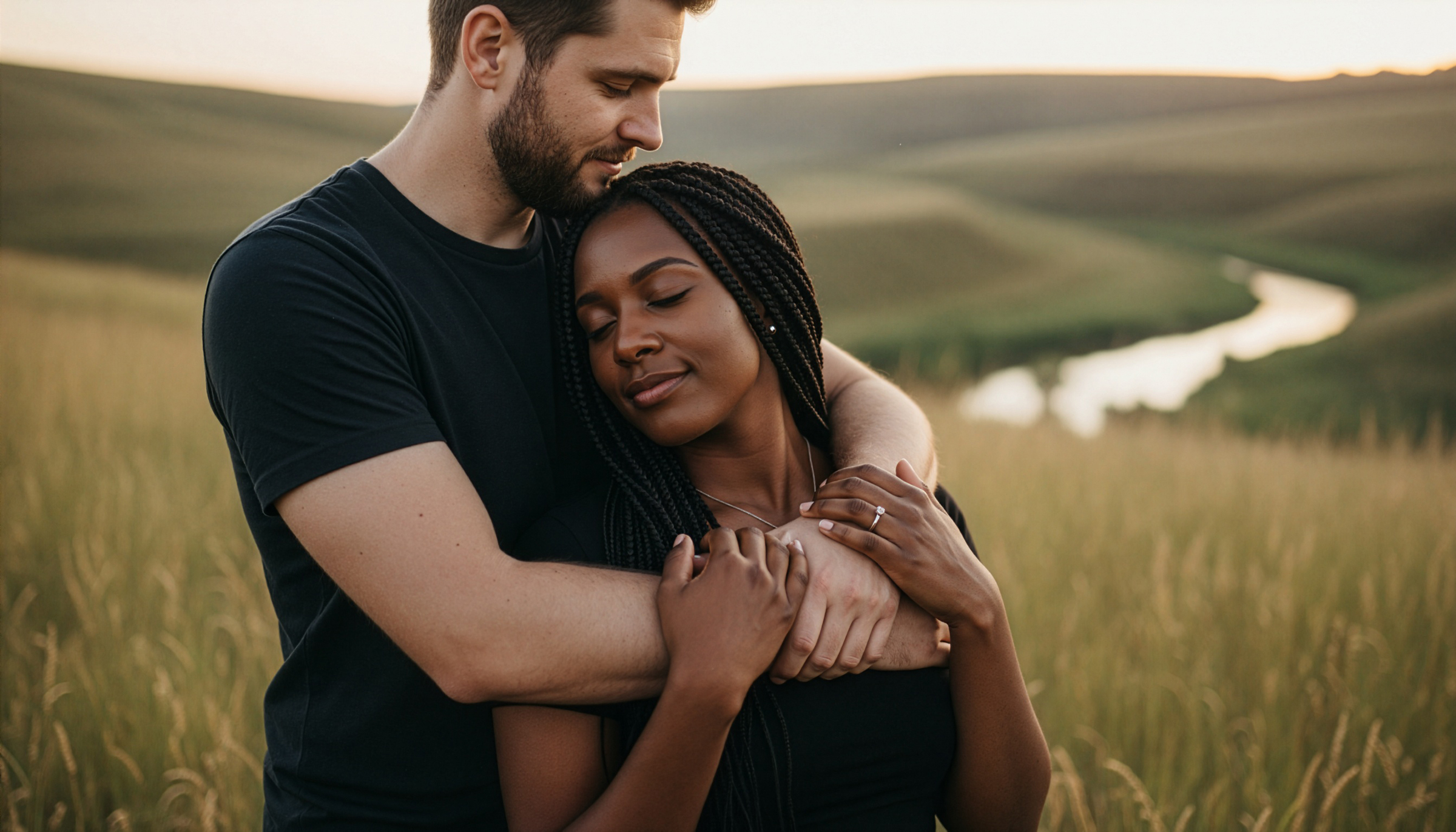 A couple stands in a grassy field at sunset, embodying peaceful contentment. As they embrace, the serene scene evokes the kind of trust and connection that strong customer advocacy will inspire by 2026, set against rolling hills and a river backdrop.