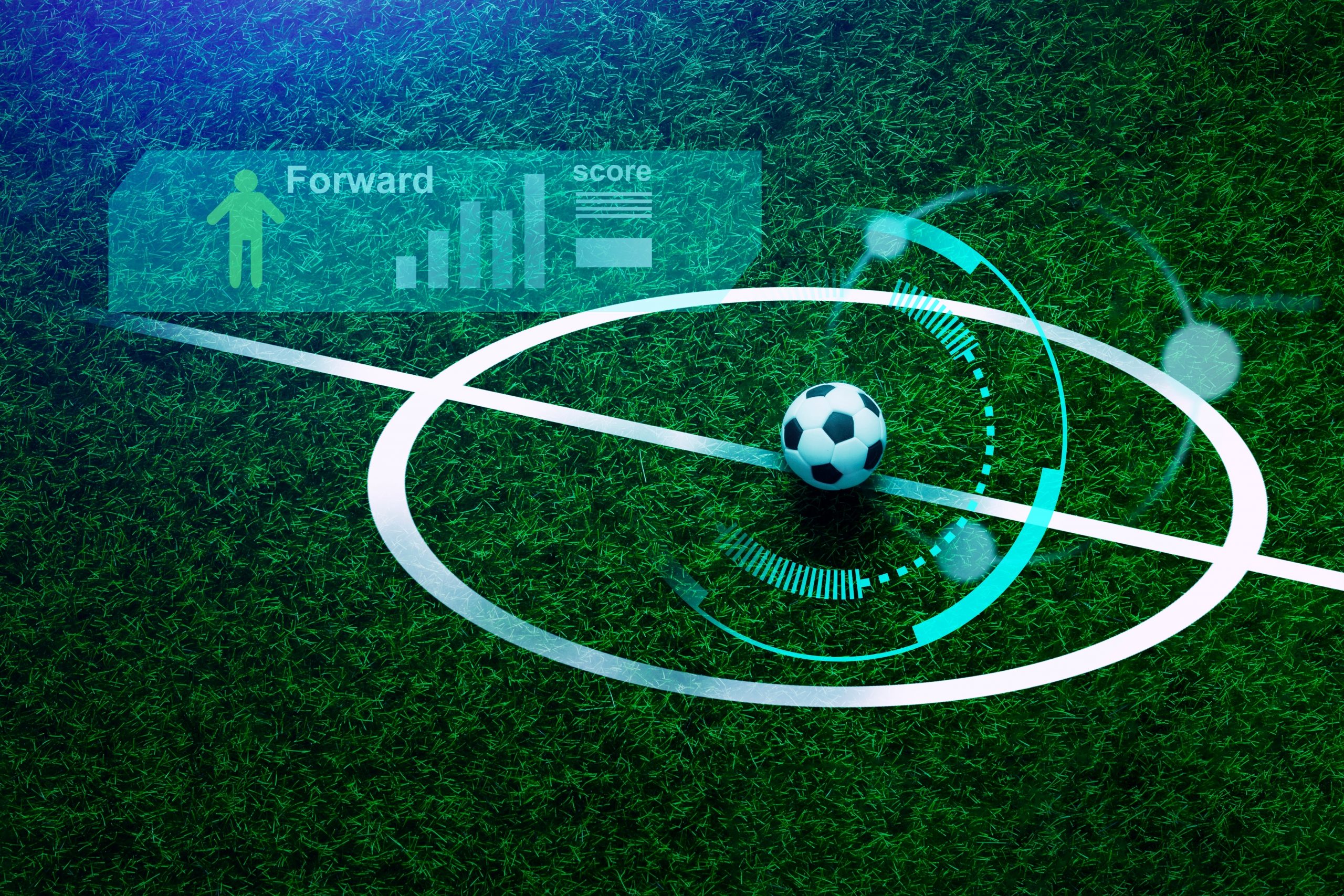 A soccer ball on the field’s center line with digital graphics—player stats, “Forward,” and “score”—overlaid on the grass, highlighting how curiosity and advanced systems are shaping the future of work in sports analytics.