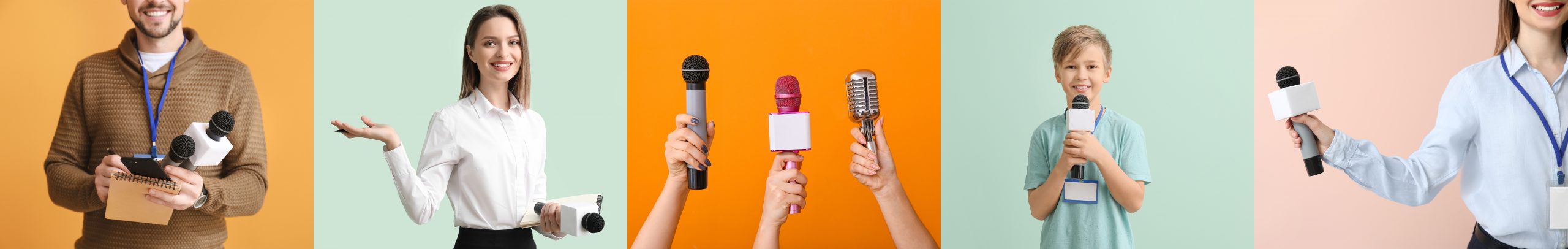 A collage of five people smiling and holding microphones, each standing in front of a colorful background: beige, orange, green, or pink. Some hold clipboards, embodying the vibrant energy of a Content Creator as hands with microphones reach toward them.