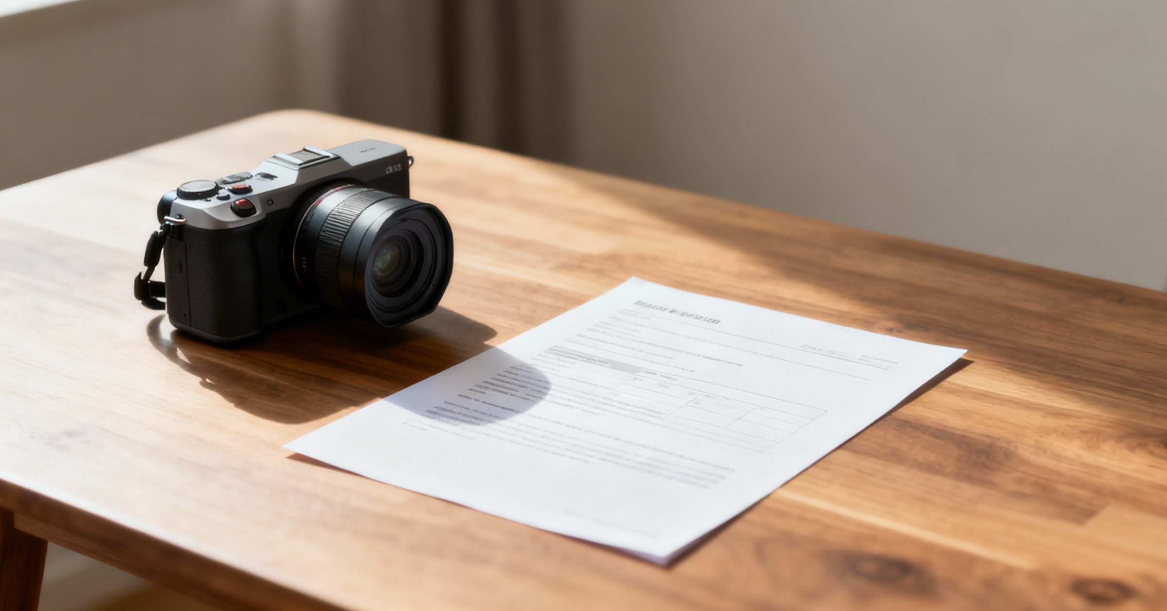 A digital camera and a printed document, suggesting a written case study or video case study, lie on a sunlit wooden table with soft natural light coming from the left side.