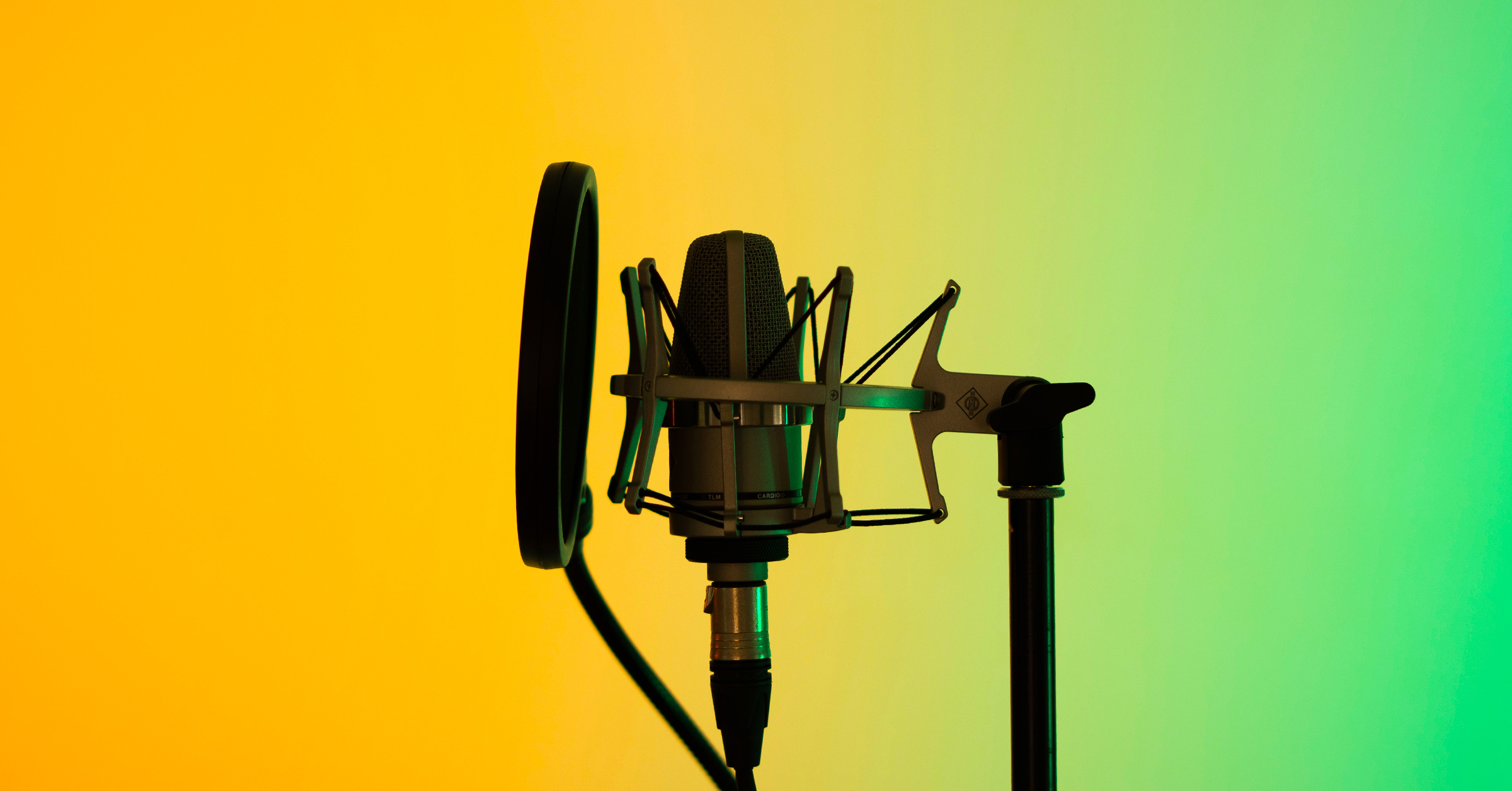 A large condenser microphone with a pop filter in front of it stands against a vibrant background that transitions from yellow on the left to green on the right. The microphone, perfect for lessons in storytelling, is held by a flexible metal shock mount on a vertical stand.